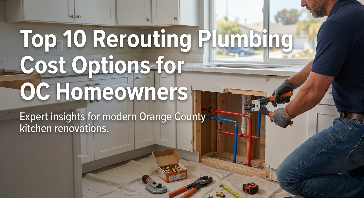 A photorealistic view of a plumber installing PEX pipes behind drywall in a modern Orange County kitchen, showing tools and materials clearly.