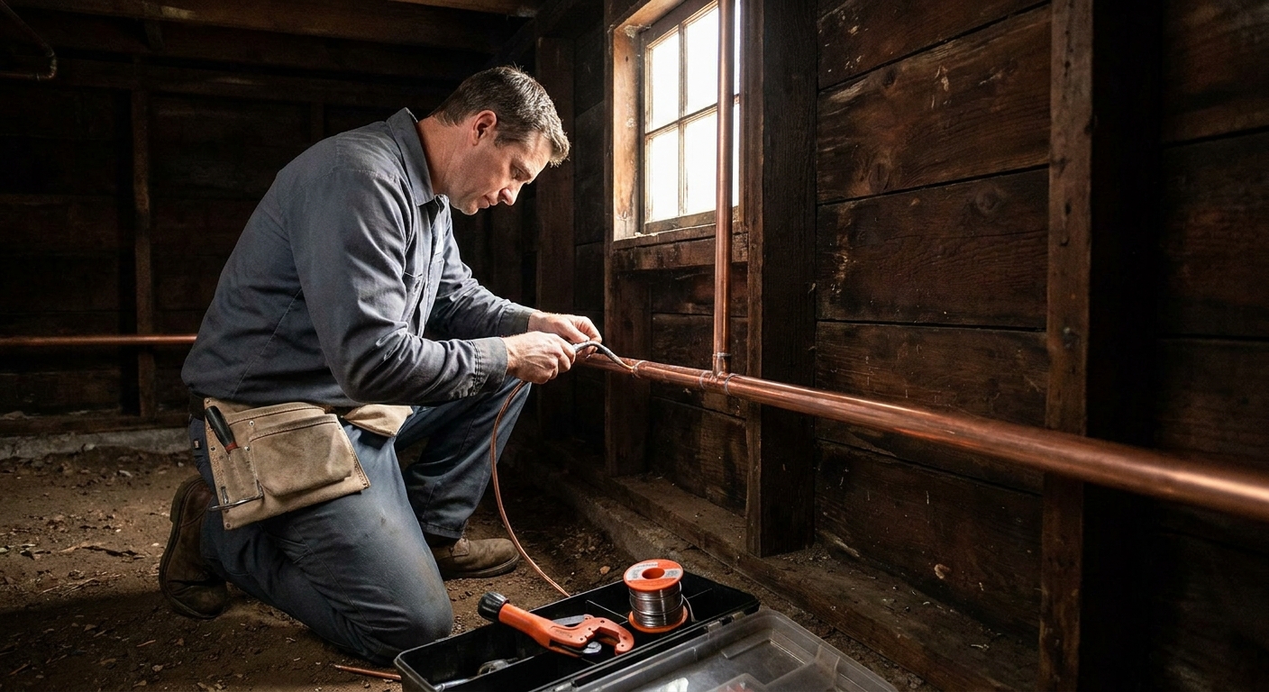 A realistic scene of a plumber fitting copper piping in a historic Laguna Niguel home, showing the bright copper against a wooden wall.