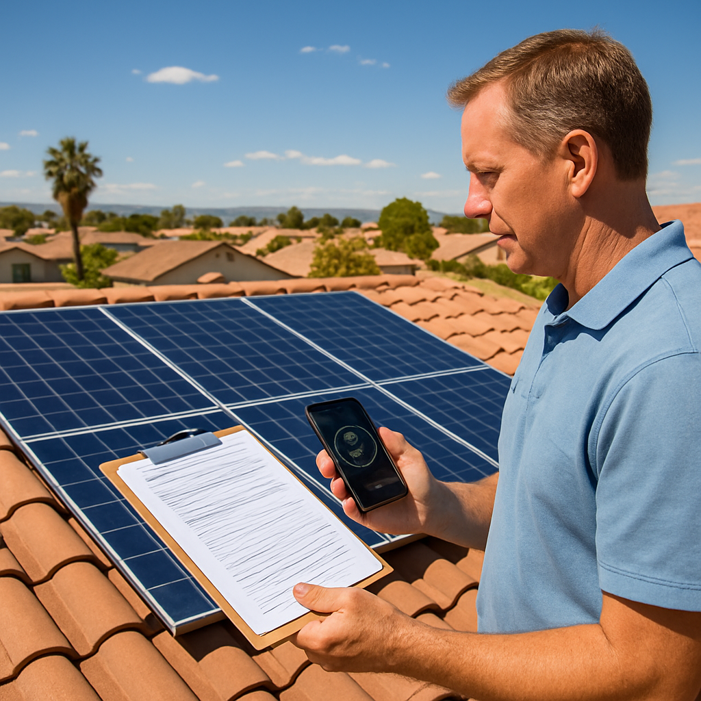 A sunny Arizona rooftop with solar panels being inspected, homeowner holding a clipboard and a phone showing a compass app. Alt: Residential solar suitability assessment on a sunny roof.