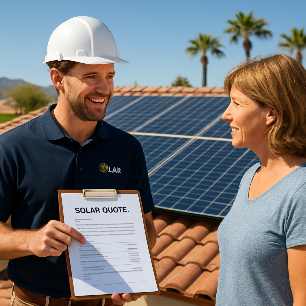 A friendly solar installer reviewing a detailed quote with a homeowner on a sunny Arizona roof. Alt: Residential solar installation installer discussing cost breakdown and incentives with homeowner.