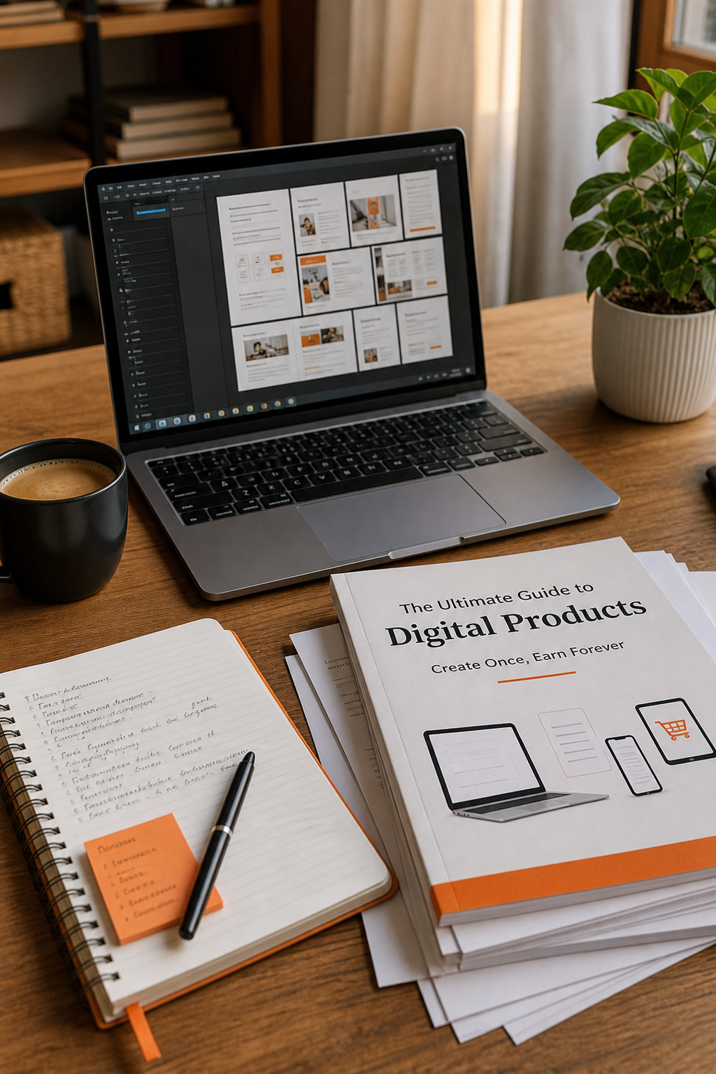 A photorealistic image of a laptop on a wooden desk with a coffee cup and a stack of printed ebooks and notes, symbolizing digital product creation. Alt: Digital products for passive income.