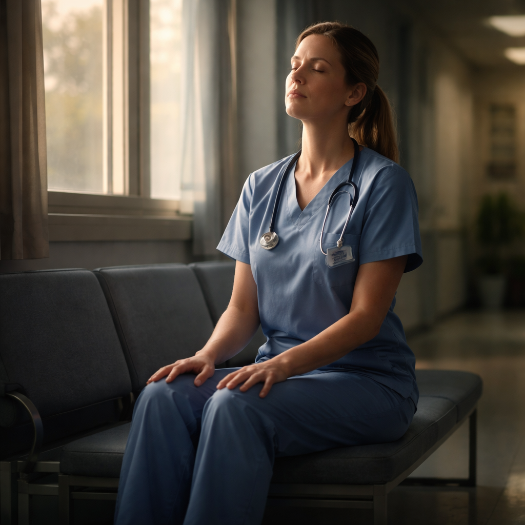 A cinematic style scene of a nurse sitting on a hospital bench, eyes closed, gently tensing and releasing each muscle group from feet to face, soft light filtering through a window. Alt: progressive muscle relaxation for nurses