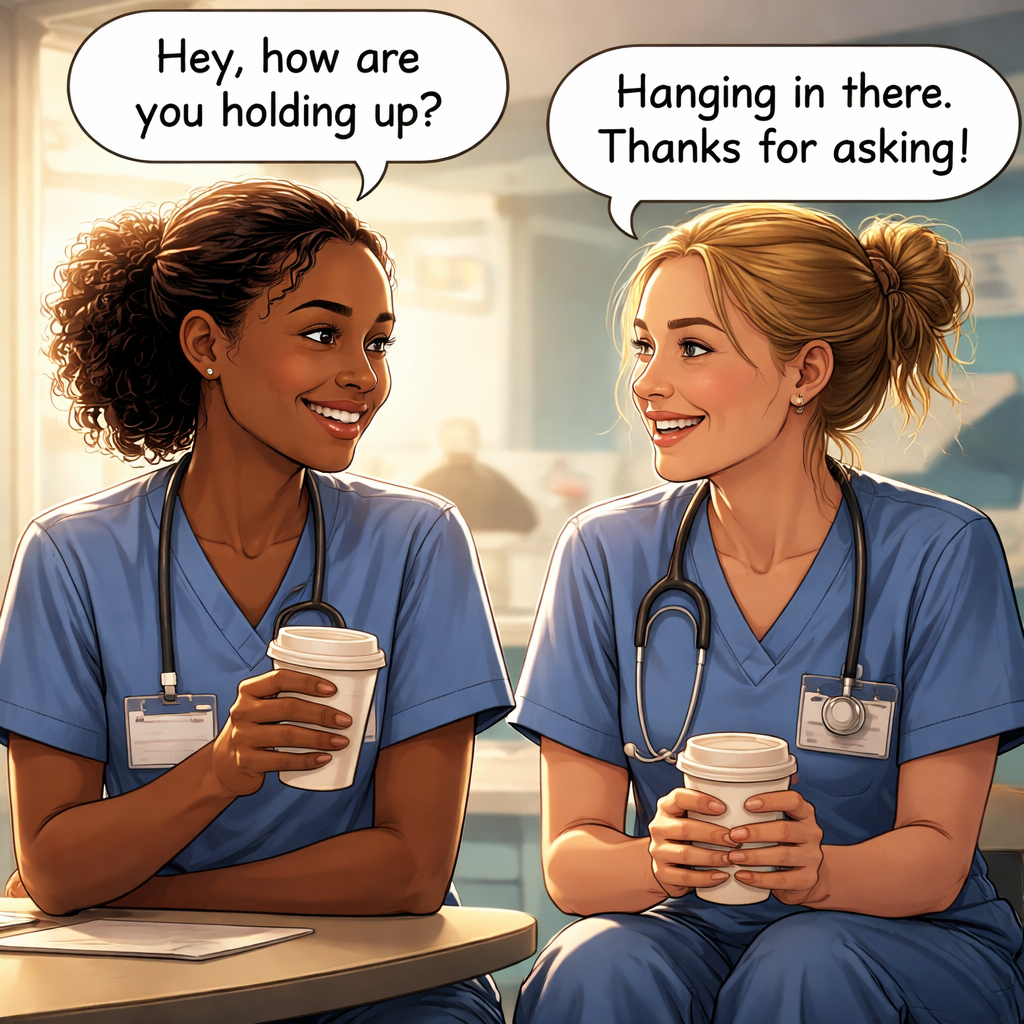 A cinematic style illustration of two nurses sharing a quick coffee break, smiling, with speech bubbles showing a short supportive conversation. Alt: peer support micro check in for nurses