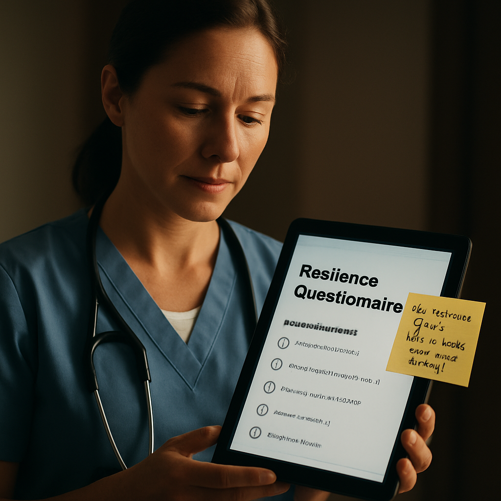 A calm clinician reviewing a resilience questionnaire on a tablet, with a sticky note that reads “My resilience goal: 30‑sec breath pause before handoff.” Alt: resilience questionnaire goal setting for healthcare professionals.