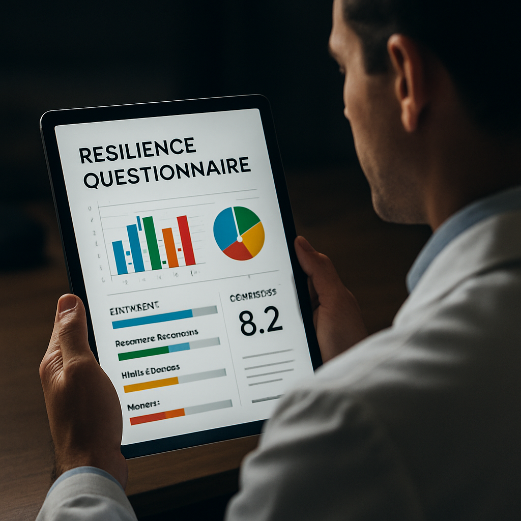A clinician reviewing a resilience questionnaire on a tablet, showing scores and charts. Alt: Resilience scale assessment for adults
