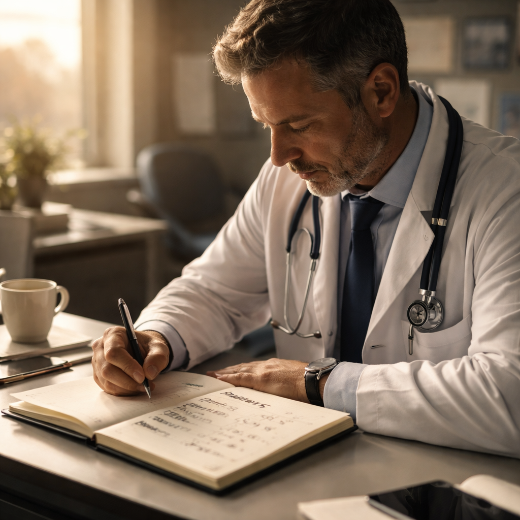 A cinematic, photorealistic scene of a doctor sitting at a hospital desk, writing in a notebook with a soft glow of early morning light streaming through a window, showing a list of stressors and a simple rating scale. Alt: Doctor assessing stressors for resilience training.