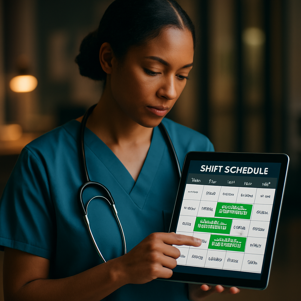 A nurse reviewing a shift schedule with resilience checkpoints highlighted on a tablet. Alt: nurse integrating resilience training into shift schedule