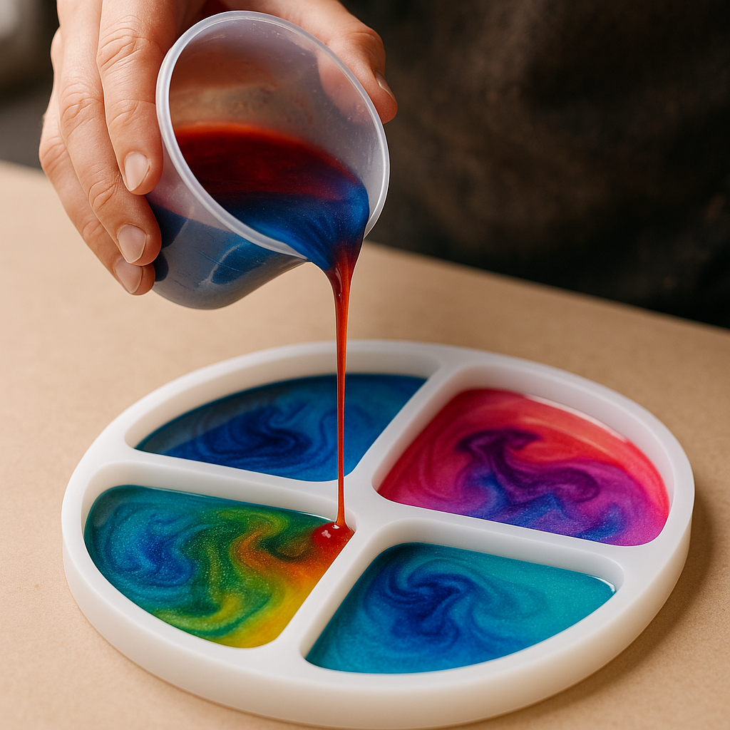 Close-up of artisan pouring colorful resin into a silicone mold; Alt: Resin art tutorial showing pouring epoxy resin into mold with pigments for creative design.