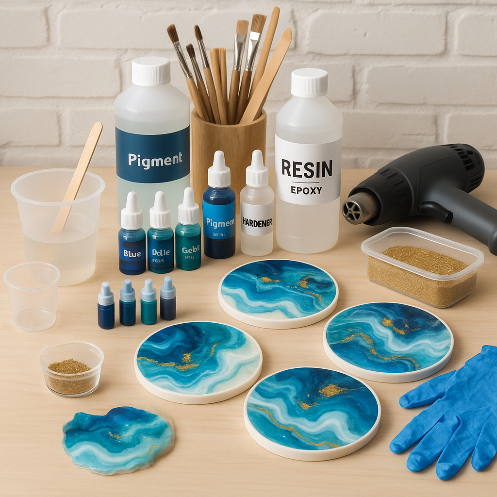 A studio workspace showing resin art tools, materials, and half-finished resin coasters. Alt: Resin art tutorial studio setup with essential tools and creative epoxy resin projects.