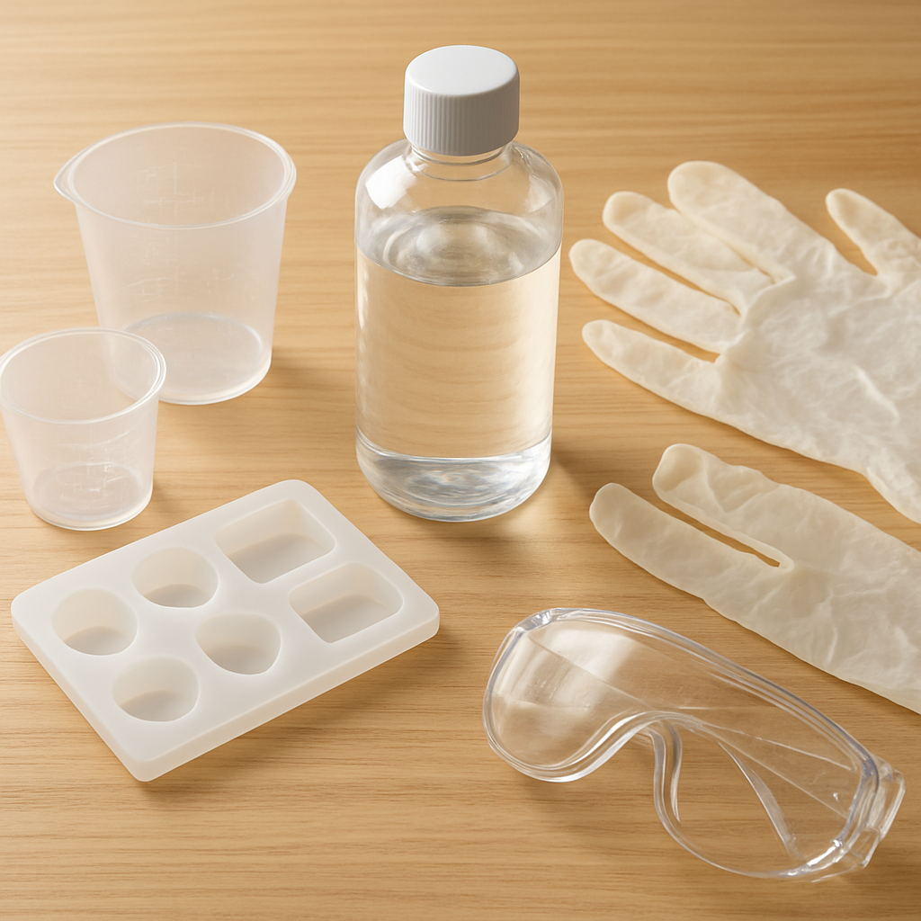 A bright, well‑lit workspace with clear epoxy resin bottle, measuring cups, silicone molds, gloves, and safety goggles arranged on a wooden table. Alt: Resin jewelry making supplies for beginners