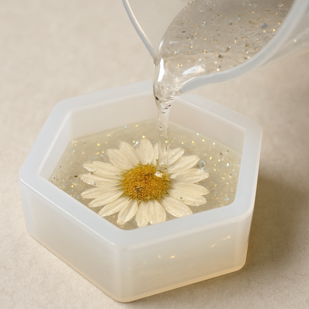 A close‑up of a silicone mold being filled with clear resin, tiny glitter and a dried flower suspended mid‑pour. Alt: resin jewelry making for beginners step‑by‑step pour guide.