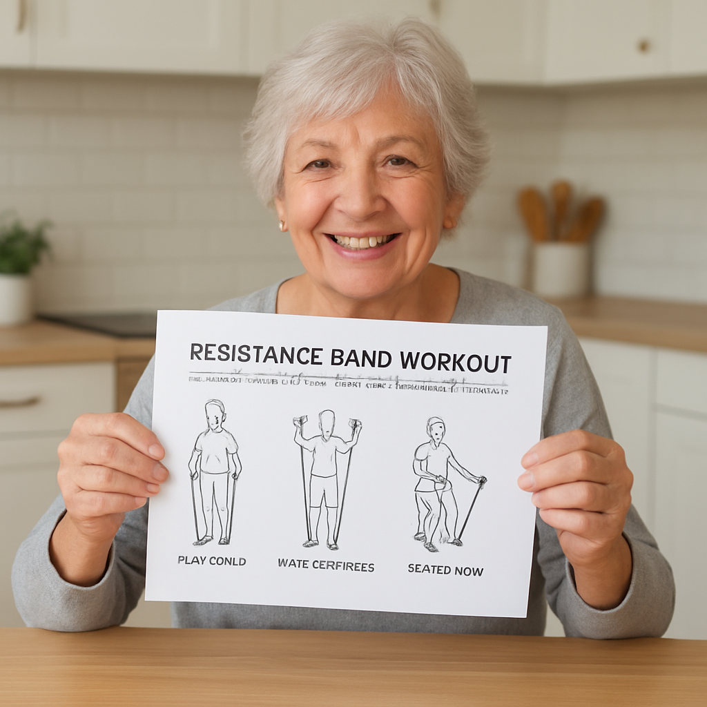 A senior person holding a printed resistance band workout sheet at a kitchen table, smiling. Alt: printable PDF workout plan for seniors using resistance bands