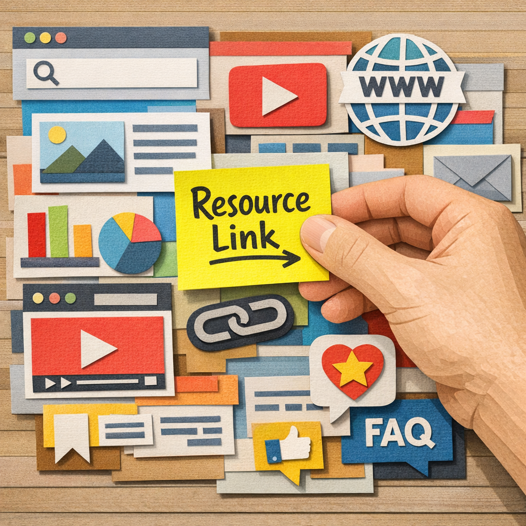 A Papercraft scene showing a hand placing a bright sticky note labeled “Resource Link” onto a collage of website icons, representing the act of adding a resource page to high‑quality sites. Alt: resource page link building illustration