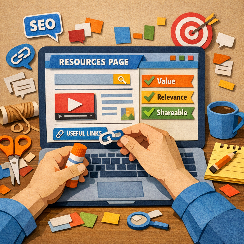 A Papercraft illustration of a hand crafting a resource page on a laptop, with checkmarks for value, relevance, and shareability. Alt: resource page link building illustration.