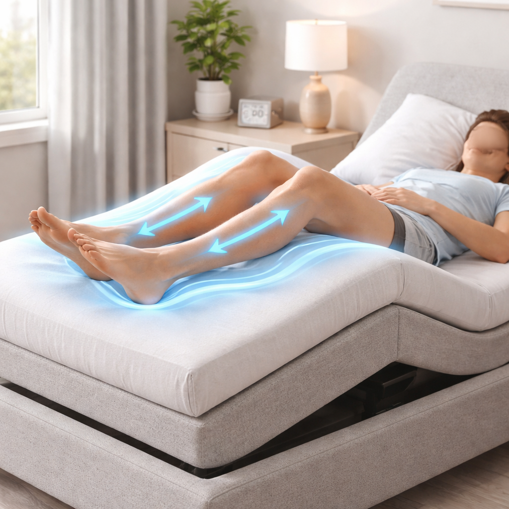 A realistic illustration of a person lying on an adjustable bed with legs raised at a gentle angle, showing circulation arrows and a subtle massage wave effect. Alt: restless legs adjustable bed leg elevation illustration