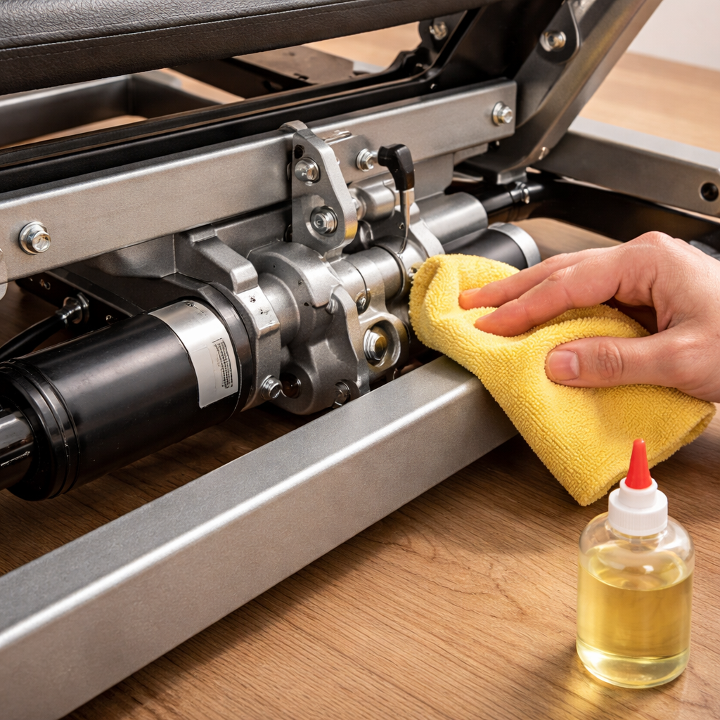 A realistic close‑up of an adjustable bed’s motor and hinge mechanism being gently cleaned, with a soft cloth and a small oil bottle nearby. Alt: adjustable bed maintenance illustration