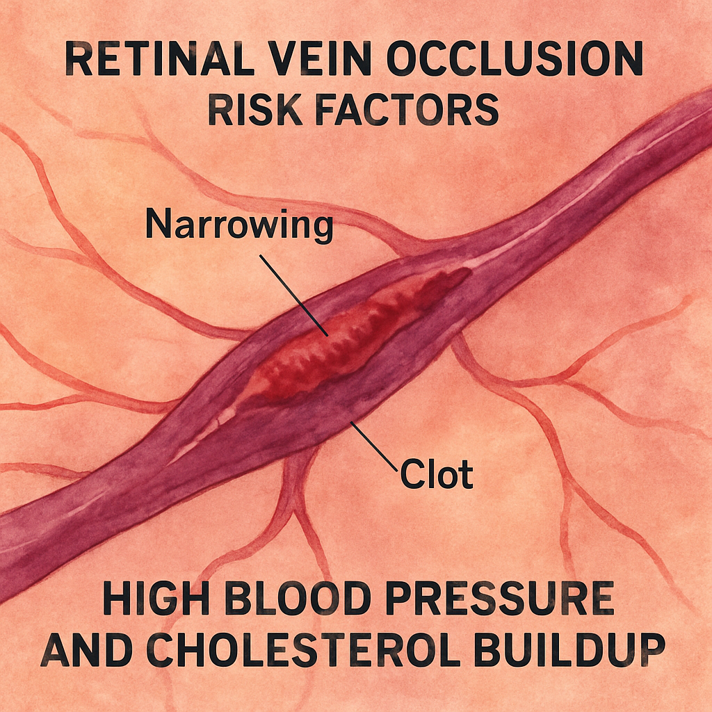 A close‑up illustration of a retinal vein with highlighted blockages, showing how high blood pressure and cholesterol buildup appear as narrowing and clot formation. Alt: retinal vein occlusion risk factors visual guide