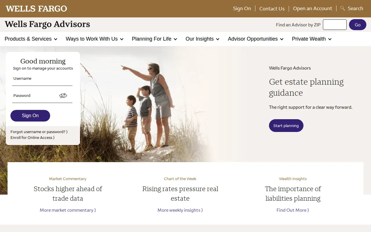 Screenshot of the Wells Fargo Advisors website