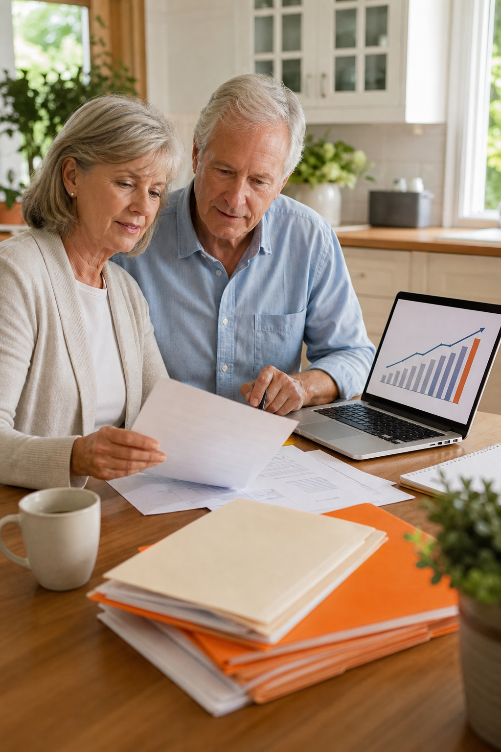 A photorealistic image of a retired couple reviewing financial documents at a kitchen table with warm natural light, a laptop showing a retirement income chart with upward trend, and orange-accented folder labels visible. Alt: retired couple accessing tax-free retirement income from indexed universal life policy.
