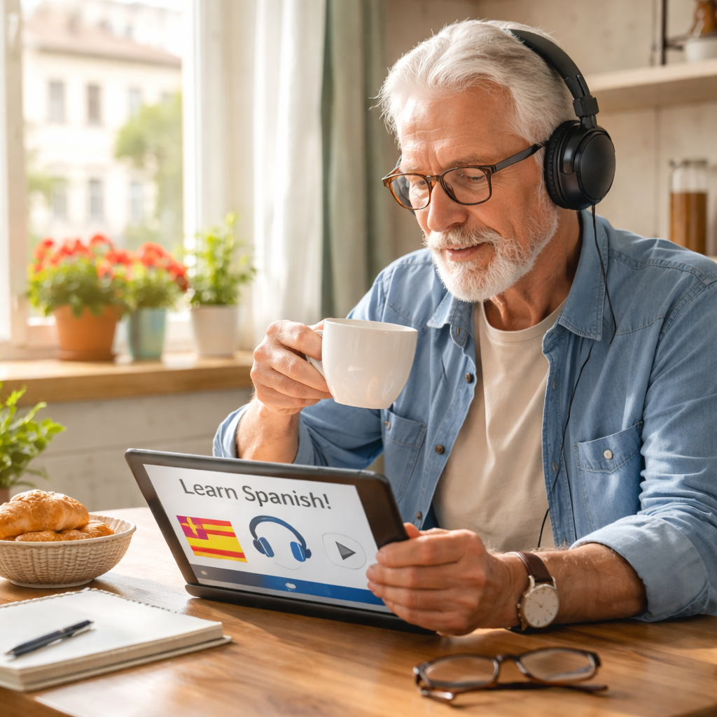 A realistic scene of a senior learner listening to an audio lesson on a tablet while sipping coffee at a kitchen table. Alt: senior learning Spanish with audio lesson.