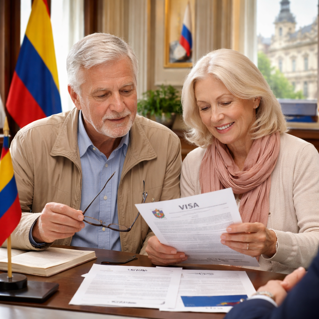 A realistic picture of a senior couple reviewing visa paperwork at a Colombian consulate desk. Alt: senior reviewing retirement visa documents.