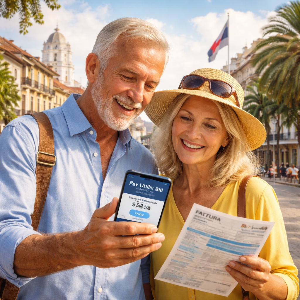 A realistic scene of an older couple meeting a friendly Panamanian doctor in a bright clinic, alt: senior expat healthcare in Panama