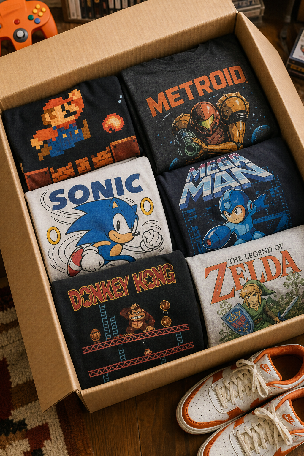 An assortment of retro gaming t-shirts neatly folded in a cardboard box, with a pair of vintage sneakers beside them. Alt: Collection of retro gaming t-shirts in a cardboard box with vintage sneakers.