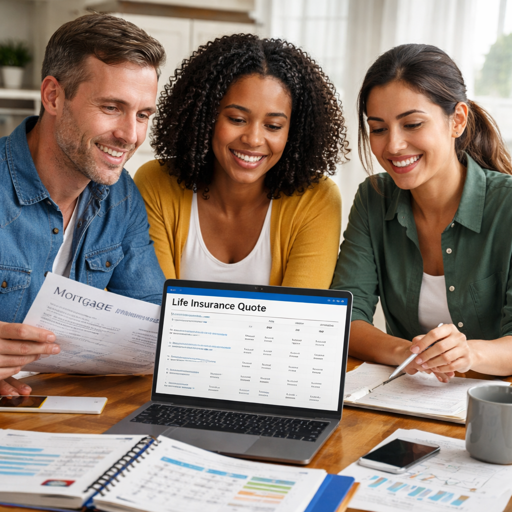 A photorealistic scene of a diverse homeowner, a teacher, and a small‑business owner sitting around a kitchen table reviewing a life‑insurance quote on a laptop, with a mortgage statement, a classroom ledger, and a business cash‑flow chart visible. Alt: Return of premium term life insurance benefits for homeowners, teachers, and small business owners.