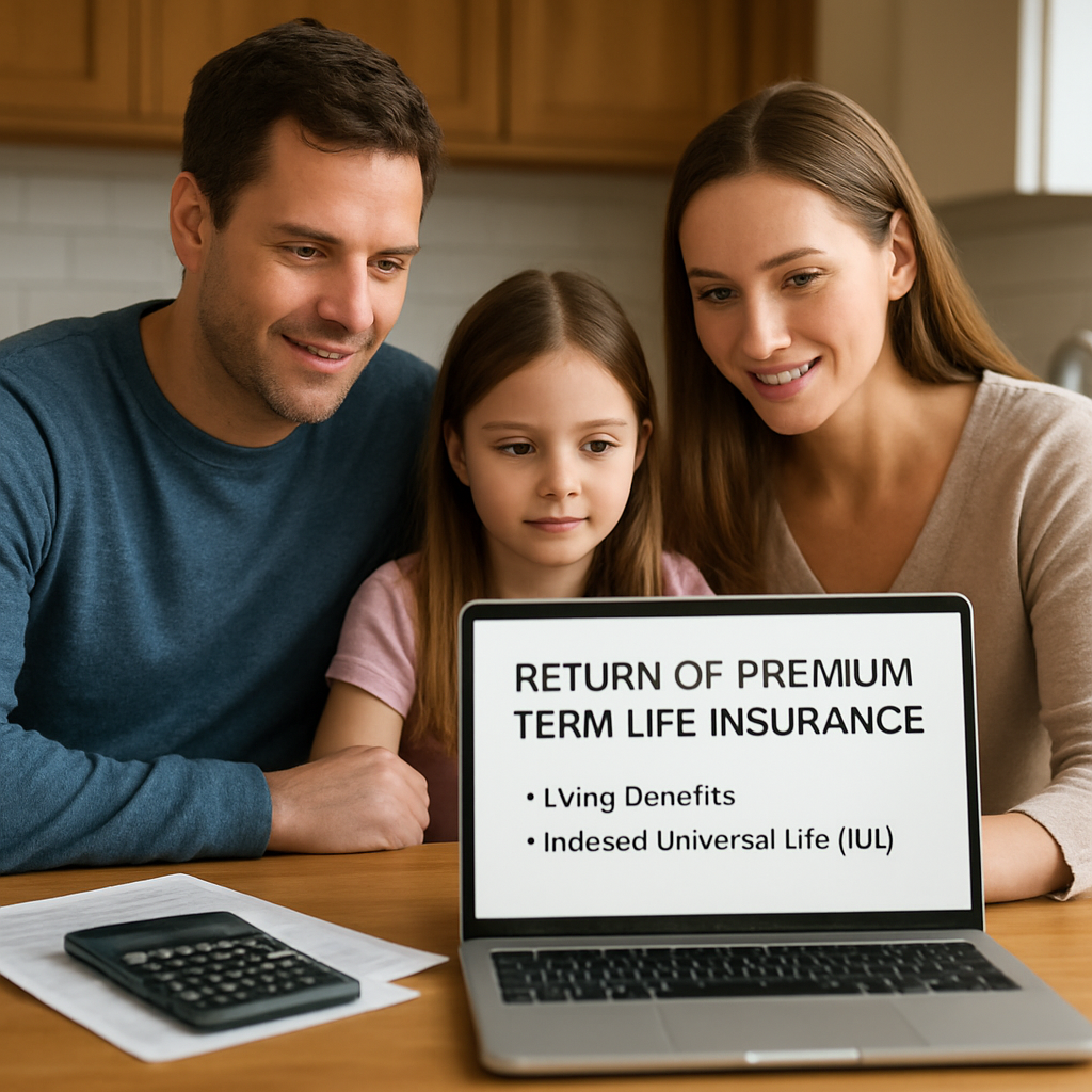 A photorealistic scene of a family sitting at a kitchen table reviewing a return of premium term life insurance quote on a laptop, with calculator and paperwork visible. Alt: Return of premium term life insurance quotes illustration.