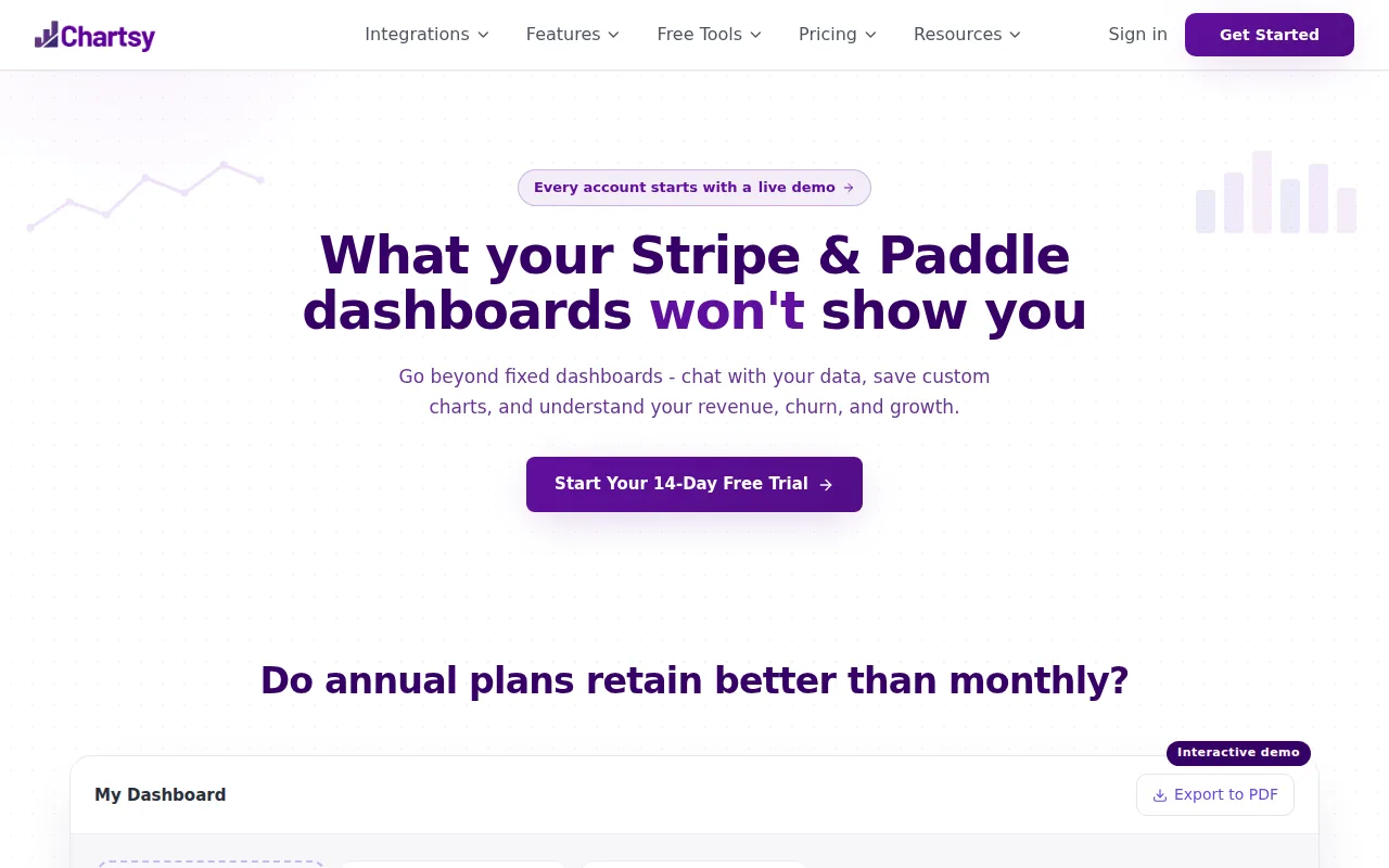 Chartsy (Our Top Pick): Fast churn analysis from Stripe and Paddle data: visual reference for 1. Chartsy (Our Top Pick): Fast churn analysis from Stripe and Paddle data