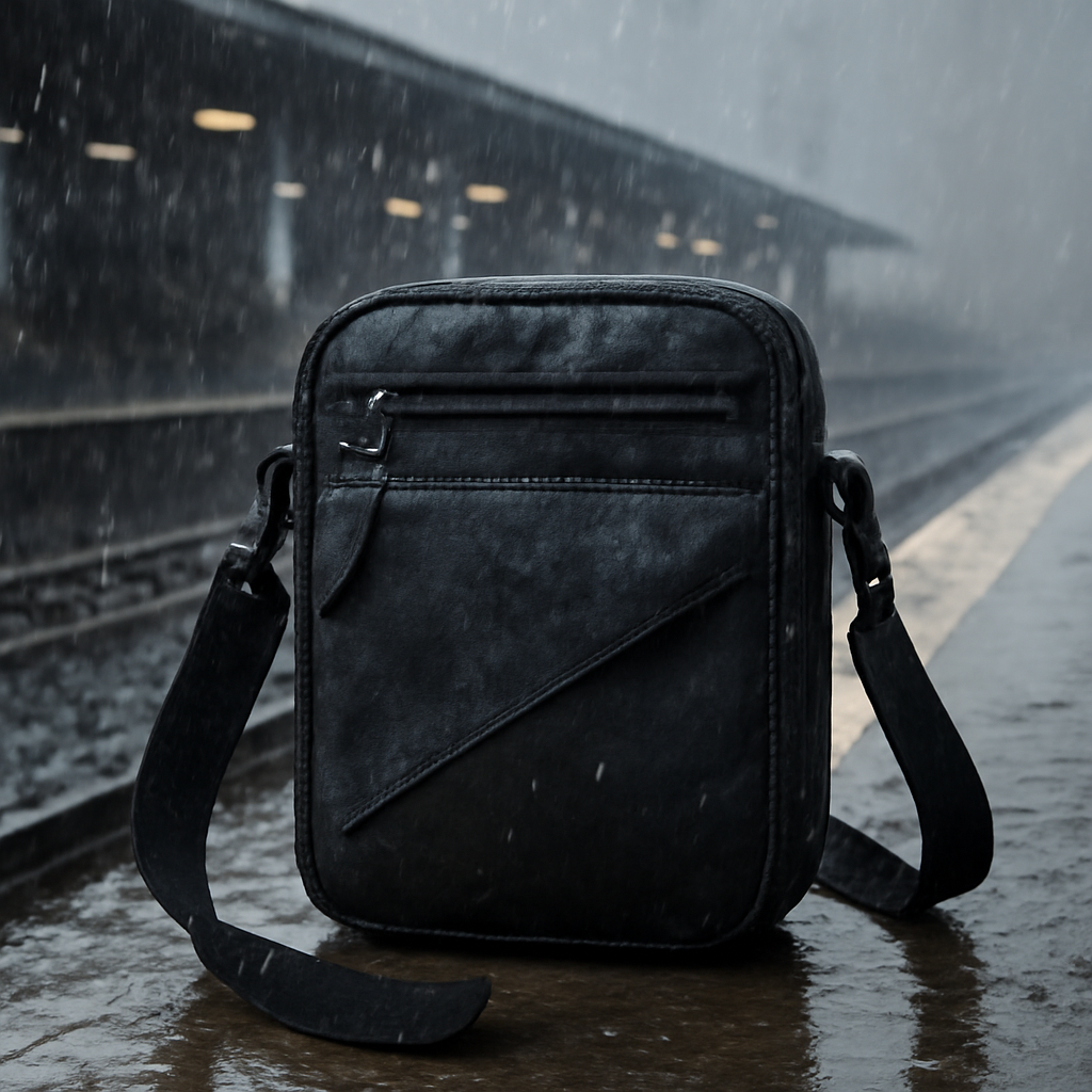 A rugged anti‑theft crossbody bag with a water‑proof coating and slash‑resistant straps sitting on a train platform during a downpour. Alt: rugged travel bag in rainy setting