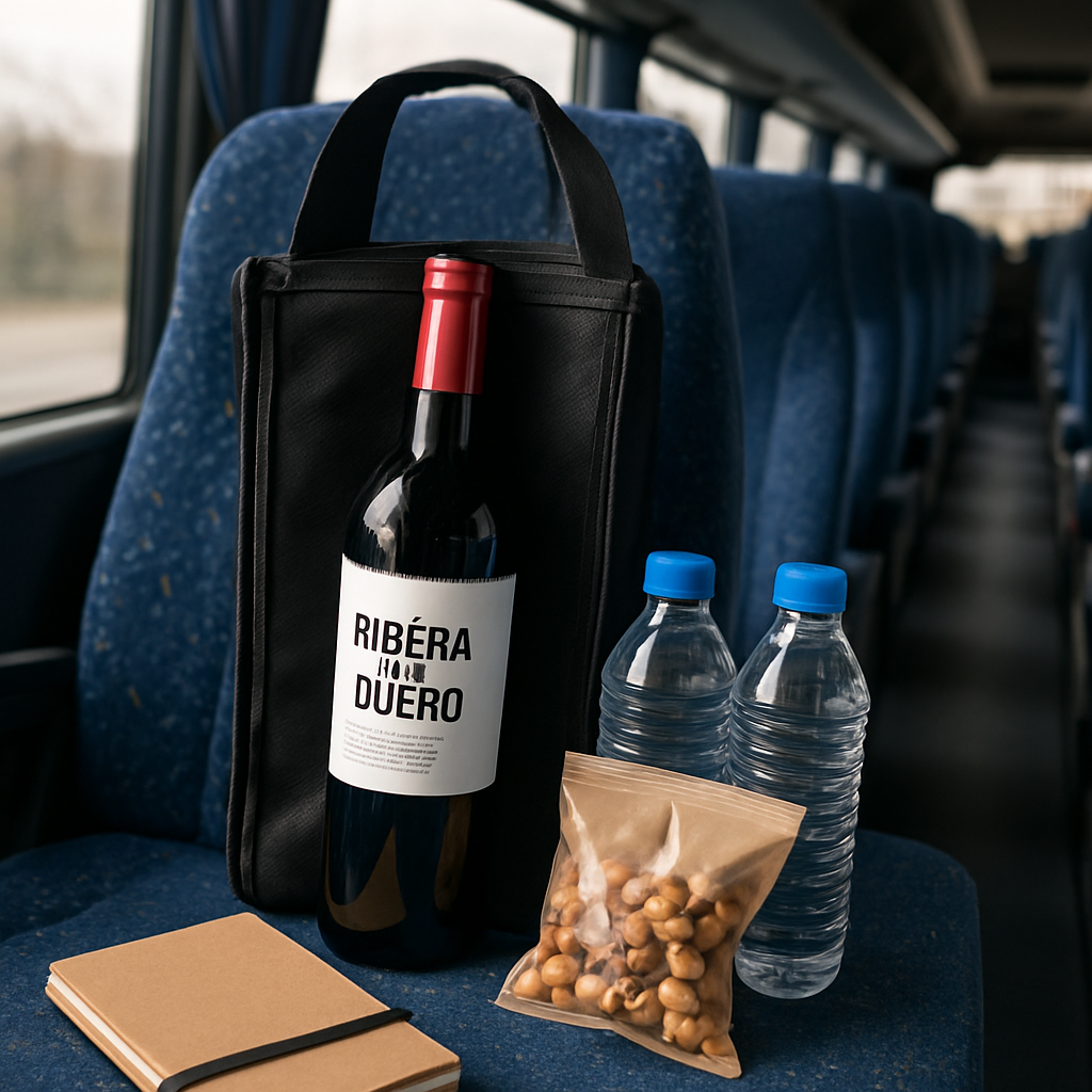 A packed coach interior with insulated wine tote, water bottles, snacks, and a reusable notebook on the seat. Alt: Packing essentials for a Ribera del Duero wine tour from Madrid.