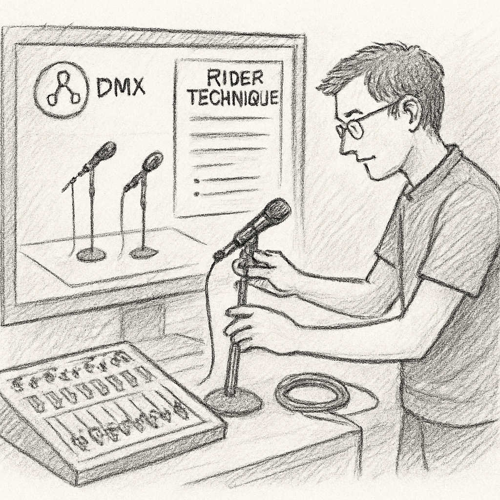Un technicien en train de placer des microphones sur un plan de scène virtuel, avec des icônes de DMX et des fiches techniques visibles à l’écran. Alt: rider technique DJ préparation équipement