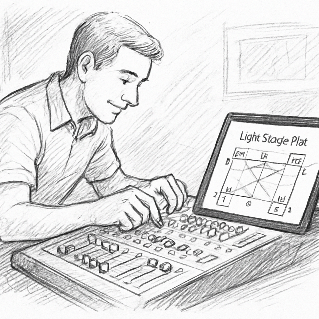 Un technicien ajustant les niveaux de gain sur une console numérique, avec un tableau LightStagePlot affiché sur une tablette à côté. Alt: optimisation du gain et des effets rider technique dj
