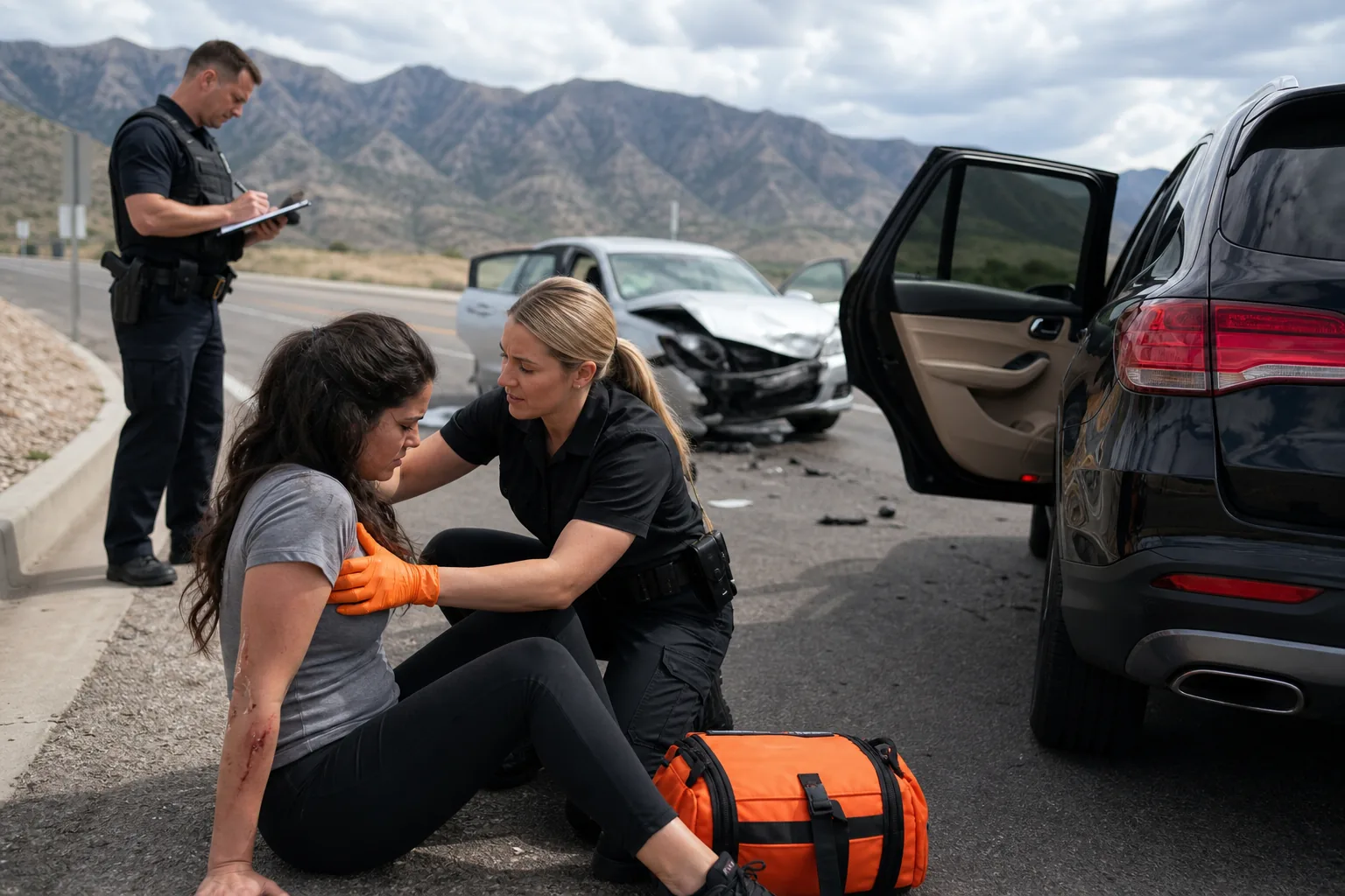 Utah rideshare crash scene with medical care and accident documentation