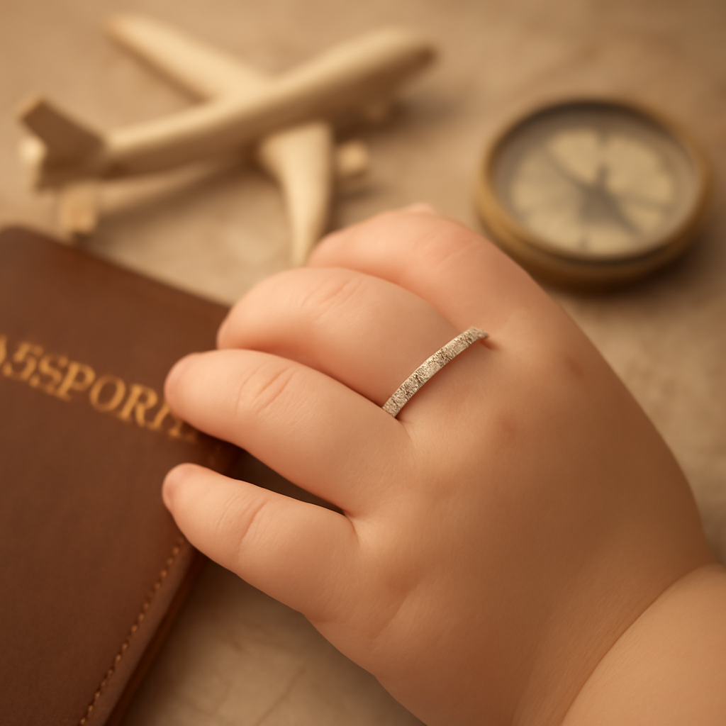 A small hand wearing a slim cubic zirconia eternity band with a subtle glow, surrounded by a softly lit travel-themed backdrop. Alt: slim ring on small hand for travel jewelry