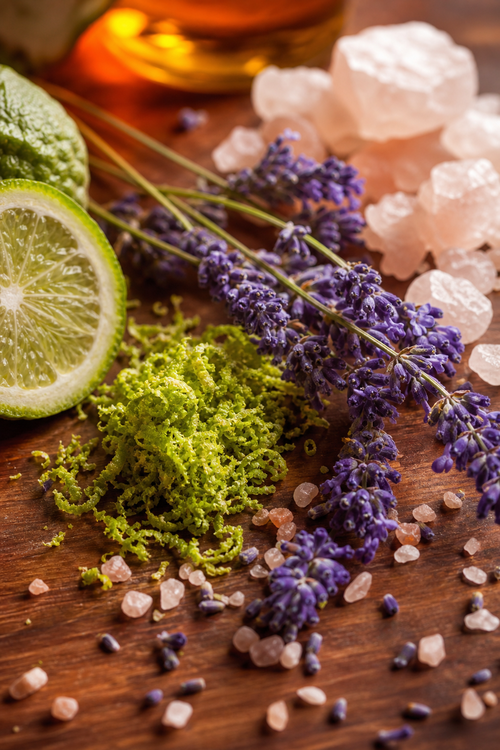 A photorealistic close‑up of fresh bergamot zest, lavender sprigs, and soft pink musk crystals scattered on a polished wooden surface, representing the scent profile of a luxury hotel fragrance. Alt: Luxury hotel-inspired fragrance notes.