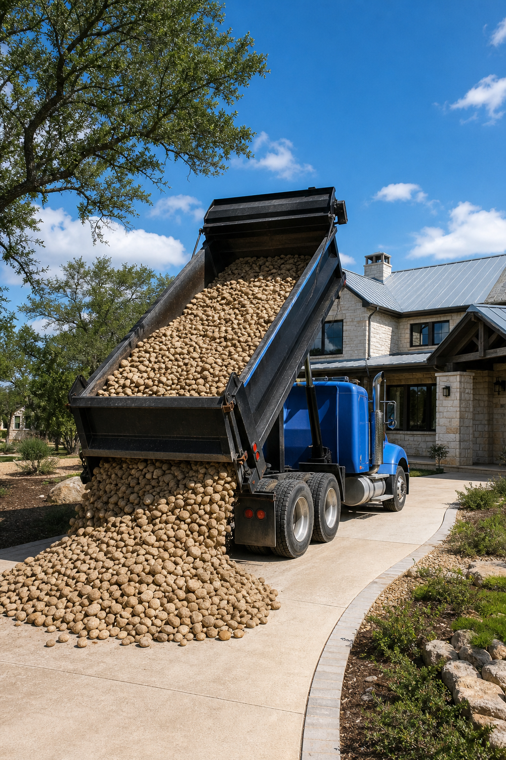A photorealistic image of a dump truck delivering river rock to a residential driveway in San Antonio, with natural lighting and Texas landscape. Alt: River rock delivery dump truck in San Antonio