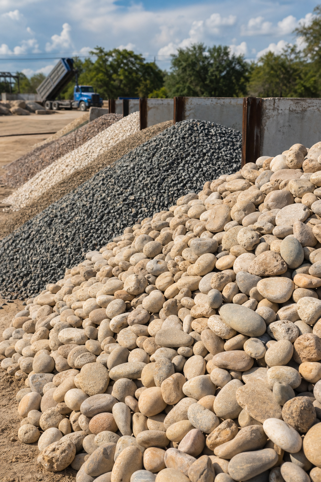 A photorealistic photo of a landscape supply yard in Texas with piles of different colored river rock, natural lighting. Alt: Landscape supply yard with river rock piles in San Antonio