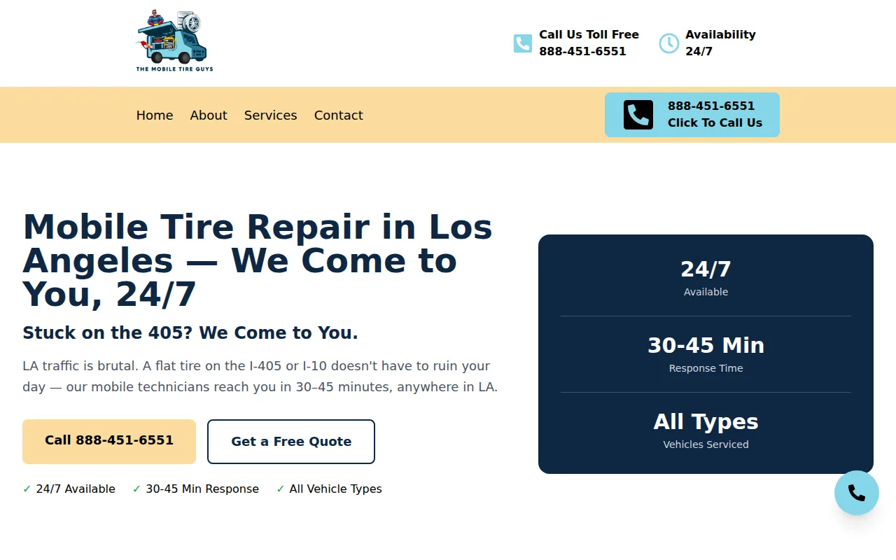 Screenshot of the The Mobile Tire Guys website