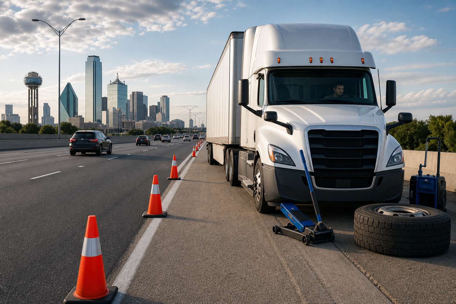 Commercial truck secured on a Dallas highway shoulder before roadside tire service