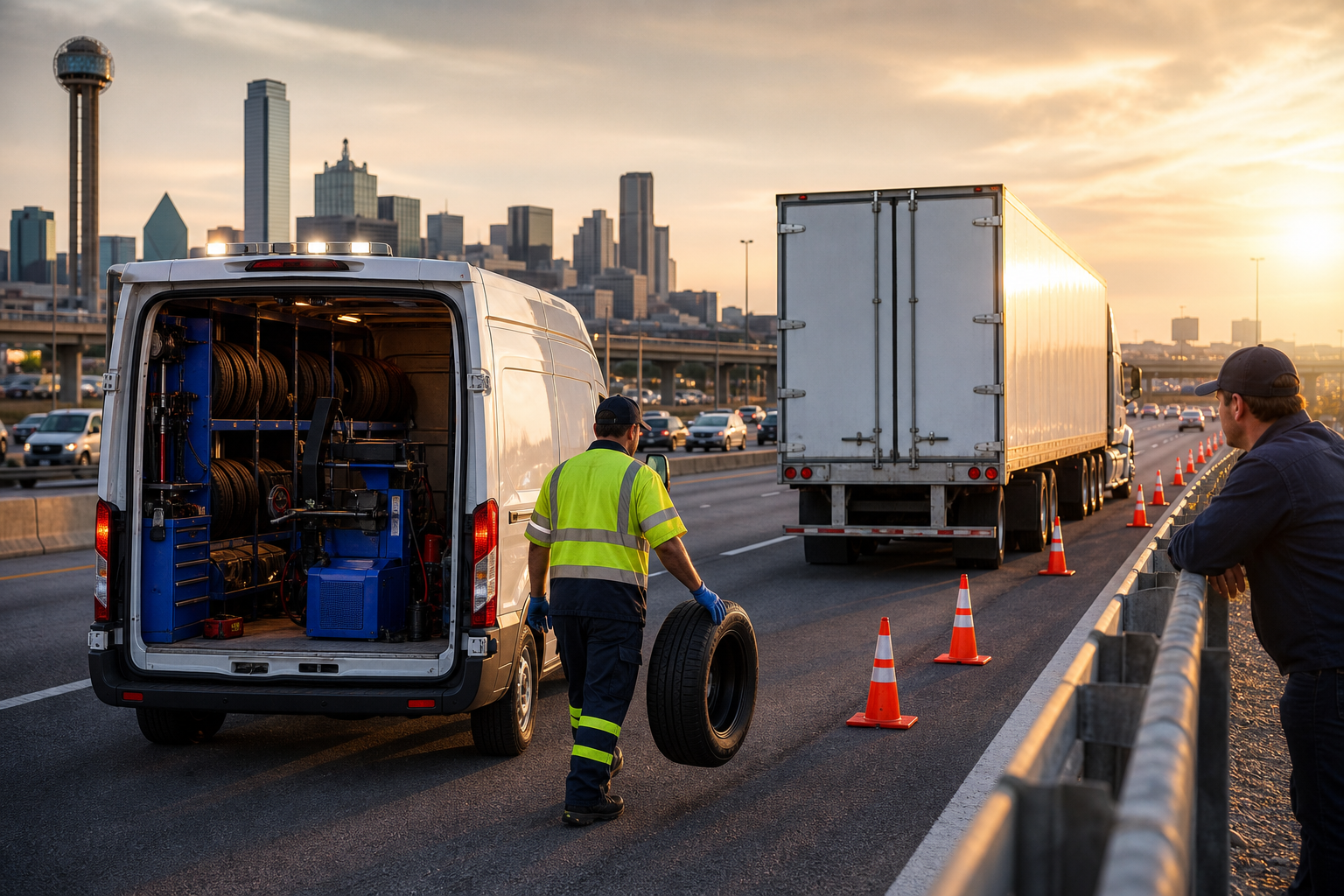 Safe roadside assistance work zone for a commercial truck in Dallas