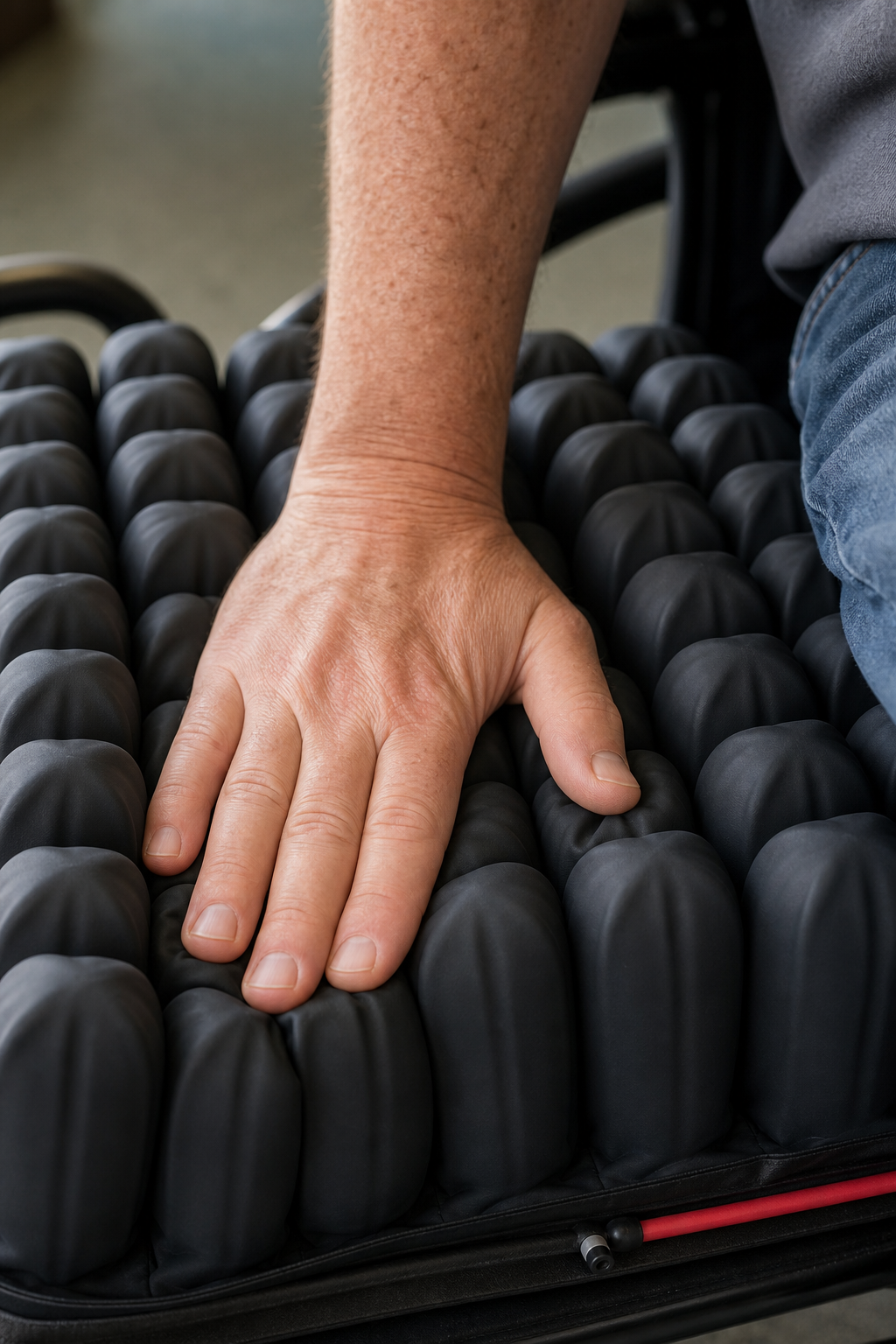 Close-up of a ROHO High Profile cushion's tall air cells, with hand pressing down to show immersion. Alt: Hand pressing into ROHO High Profile cushion's 4-inch air cells.