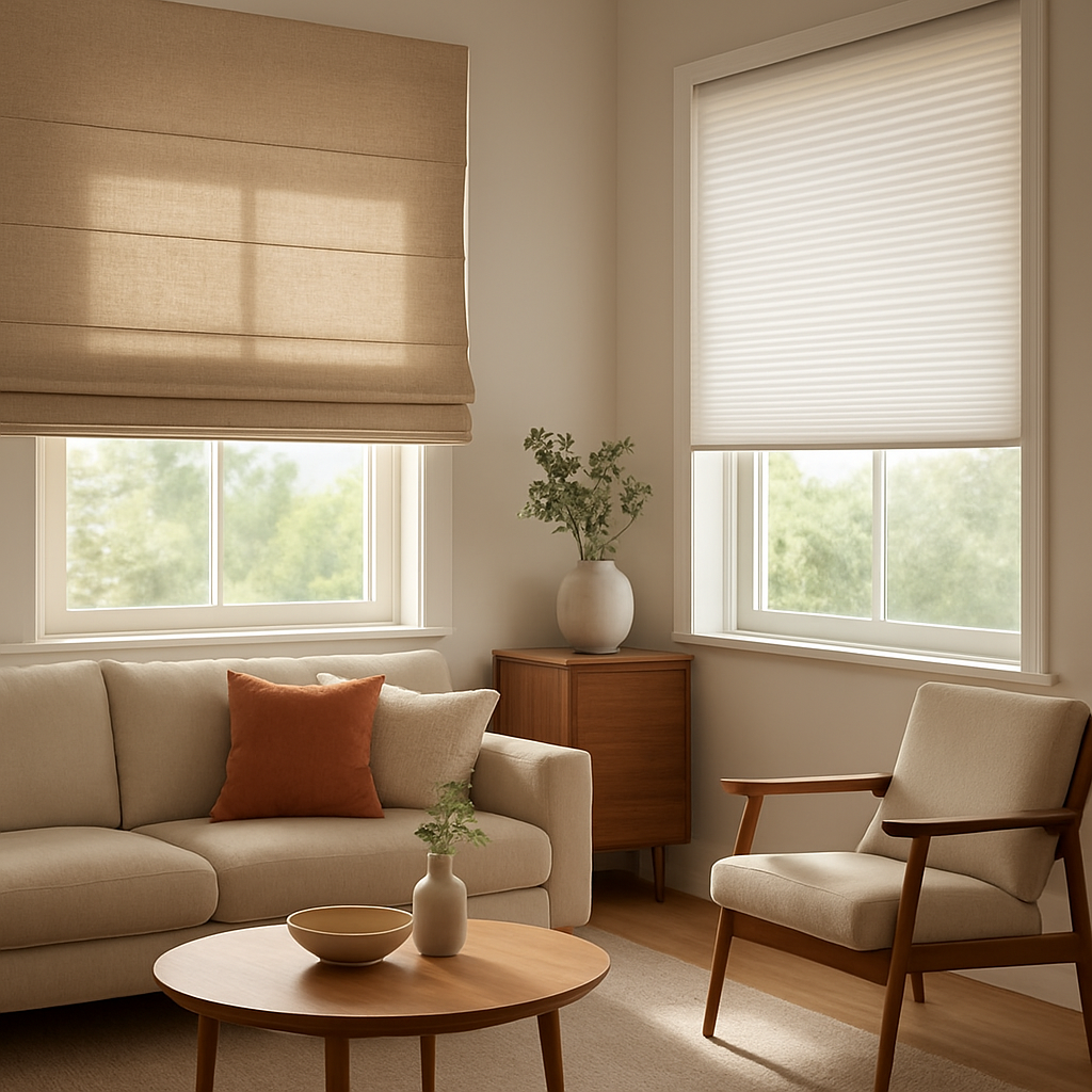 A bright living room with a sleek Roman shade partially lowered next to a double‑cellular shade on an adjacent window, showing contrast in light diffusion and insulation. Alt: Energy‑efficient window treatments roman shades vs cellular shades