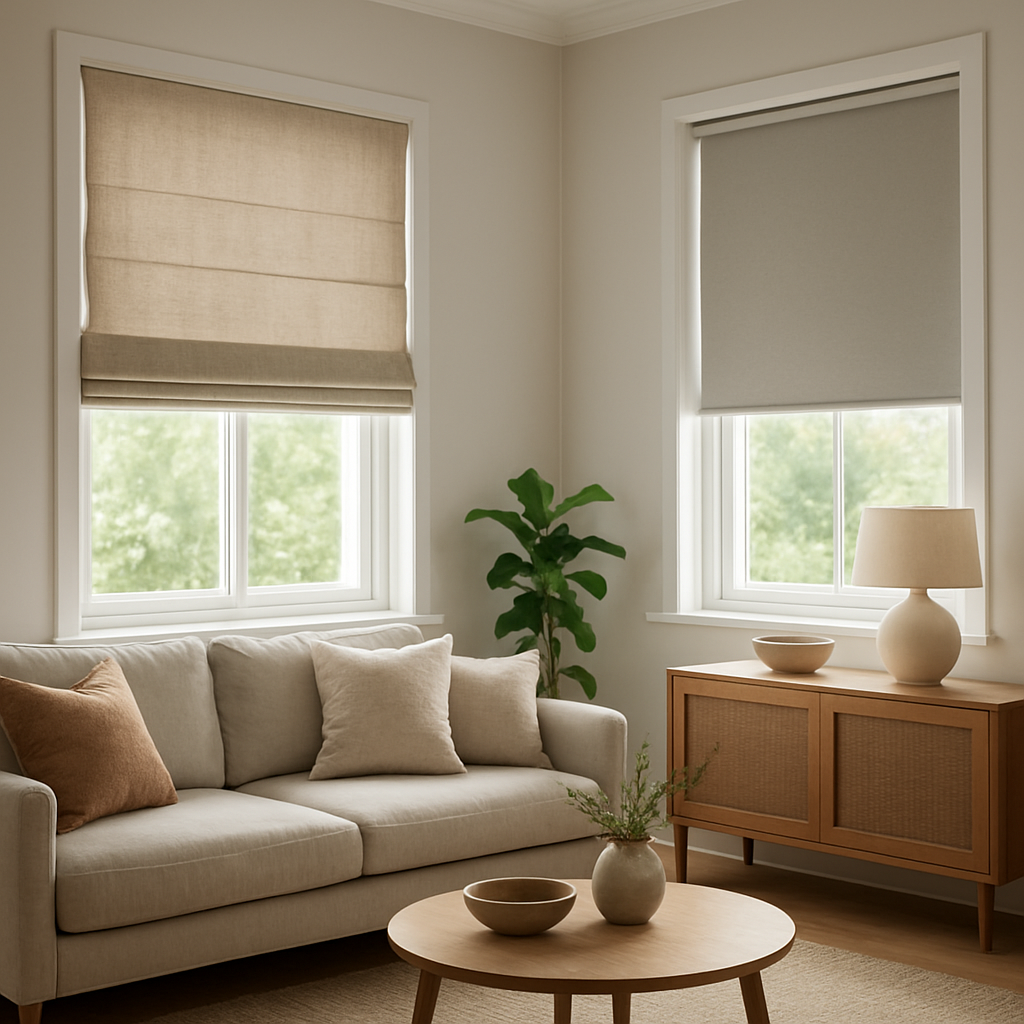 A bright living room featuring a roman shade in a soft linen fabric on one window and a sleek roller shade on the opposite window, highlighting the contrast in texture and style. Alt: roman shades vs roller shades comparison in a modern home interior.