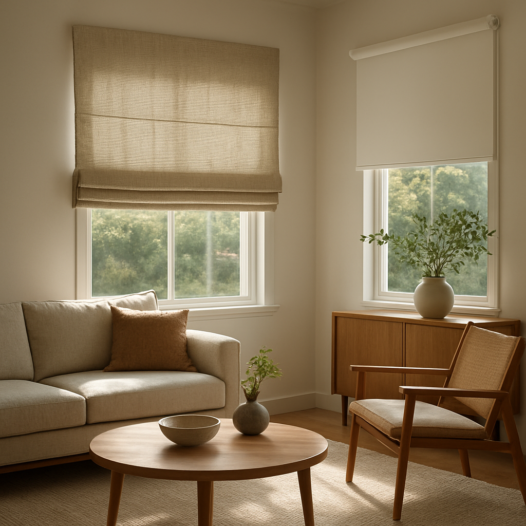 A modern living room with a soft linen roman shade partially lowered beside a sleek white roller shade fully retracted, sunlight streaming in, showcasing the contrast in texture and maintenance simplicity. Alt: roman shades vs roller shades maintenance sustainability cost comparison.