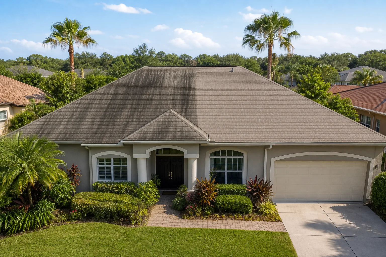 Orlando roof cleaning comparison showing algae streaks and a clean shingle roof