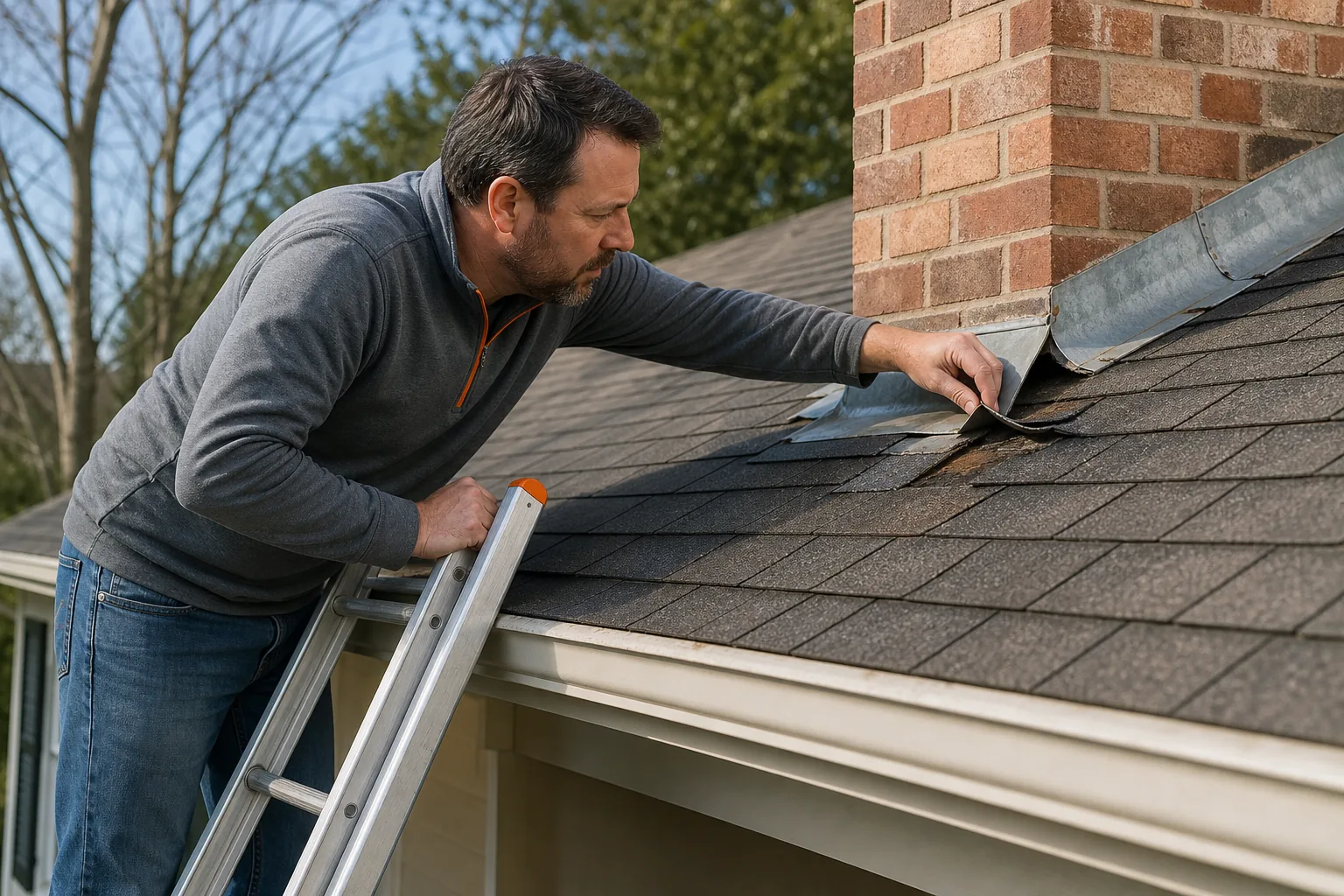 homeowner inspecting damaged roof flashing for a DIY leak repair.