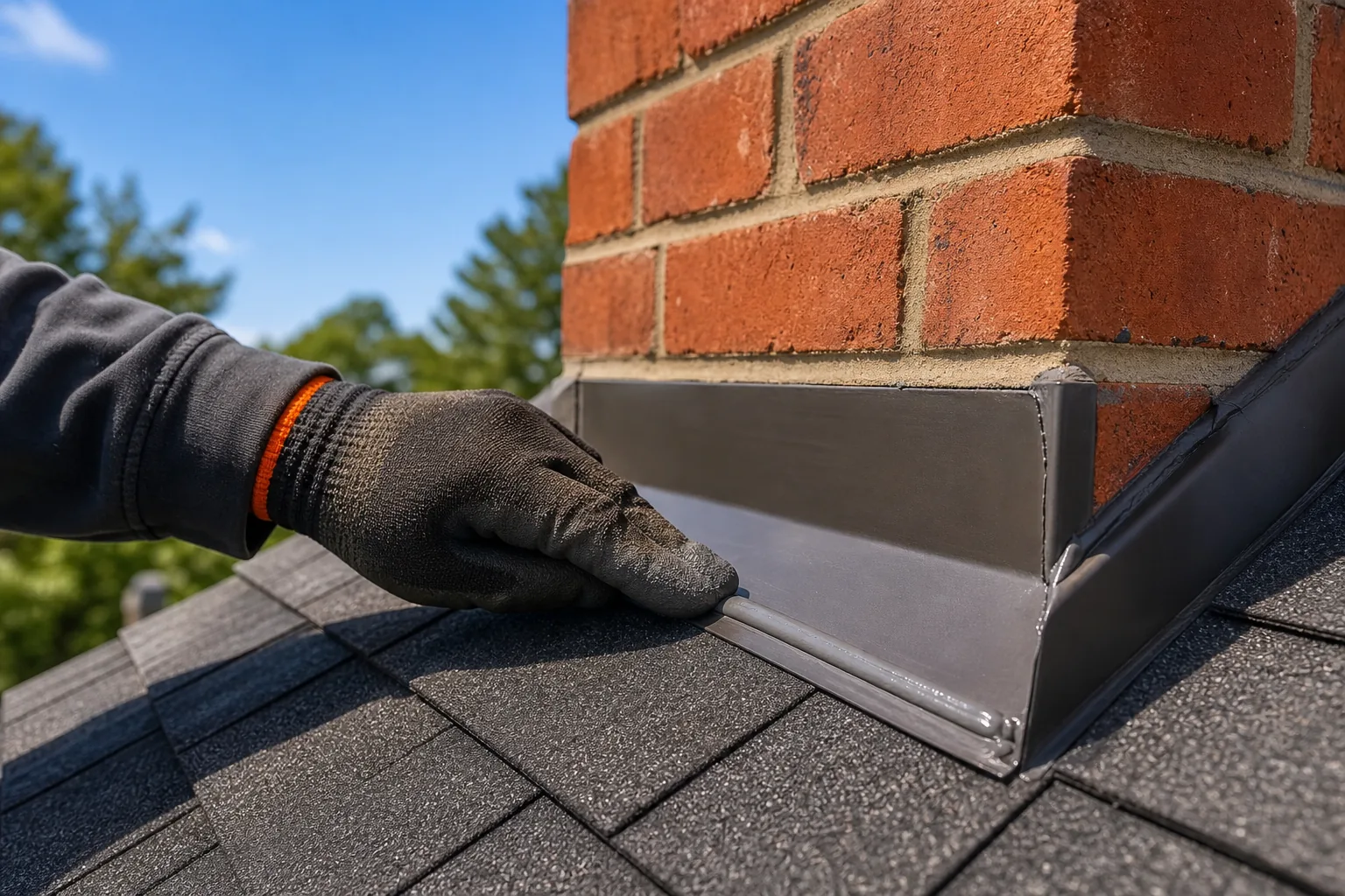 sealing new roof flashing and checking the finished roof repair.