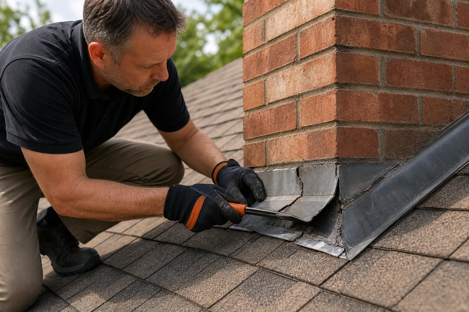 roof flashing inspection around chimney to find a leak